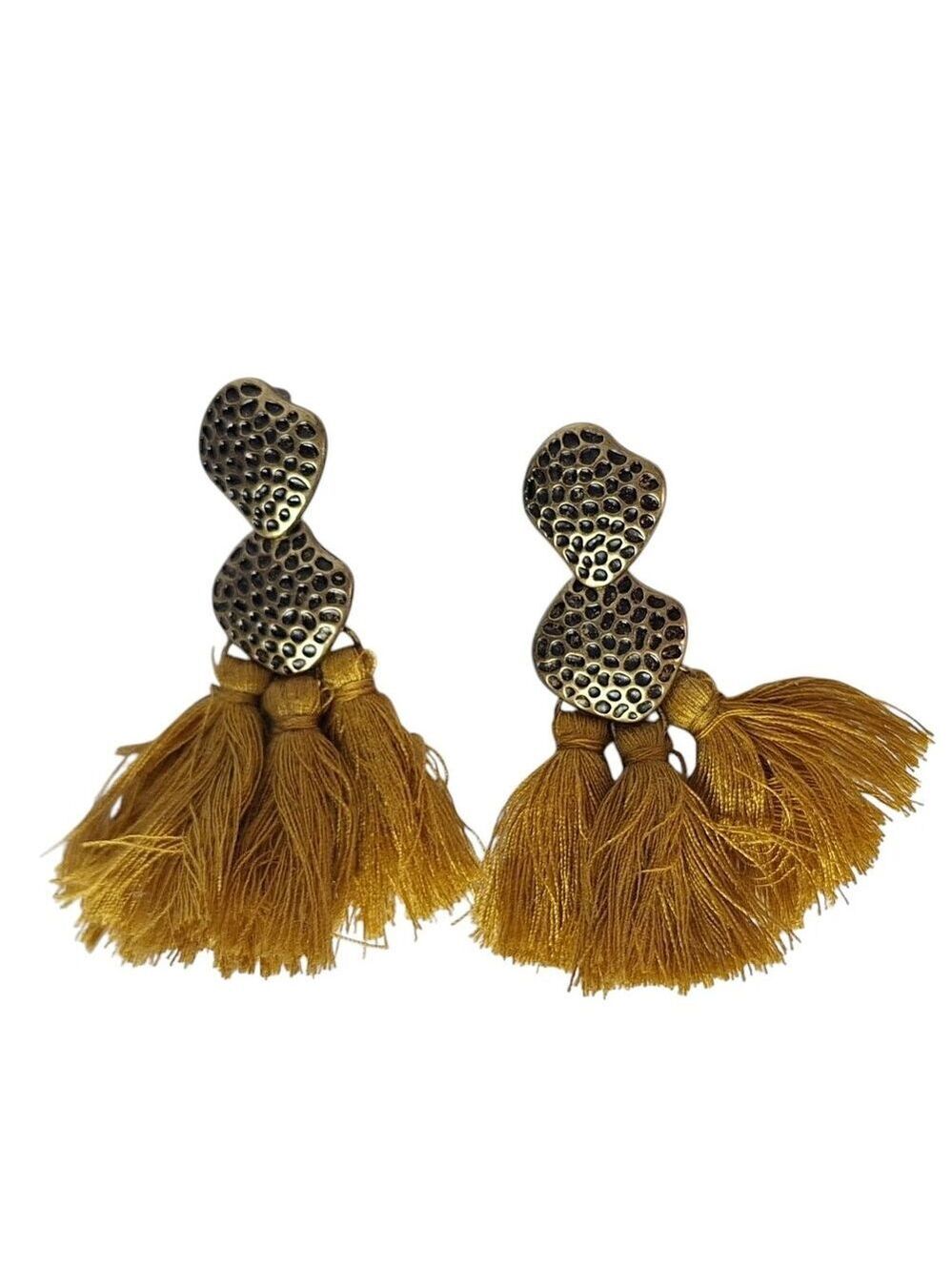 Mustard Yellow Tassel Earrings Hammered Bronze Textured Statement Western